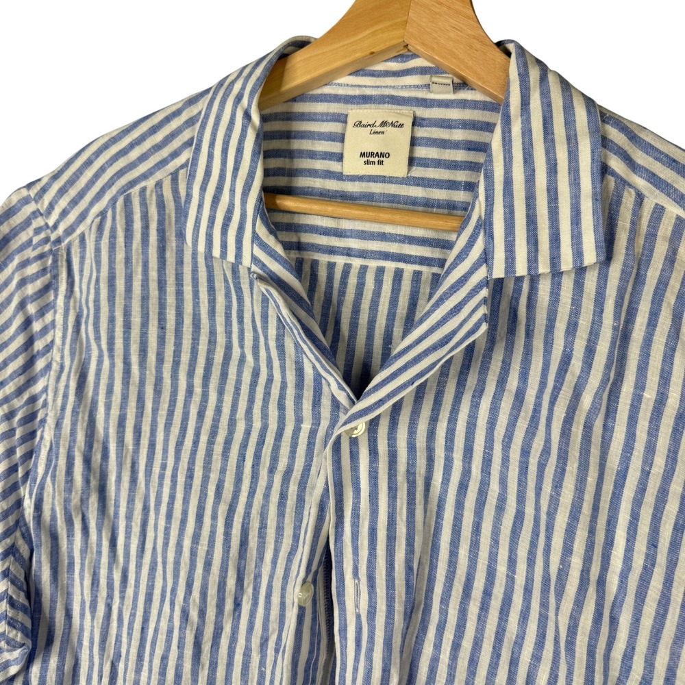 Murano Baird McNutt Linen Slim Fit Striped Short Sleeve Button Up Shirt XL Blue